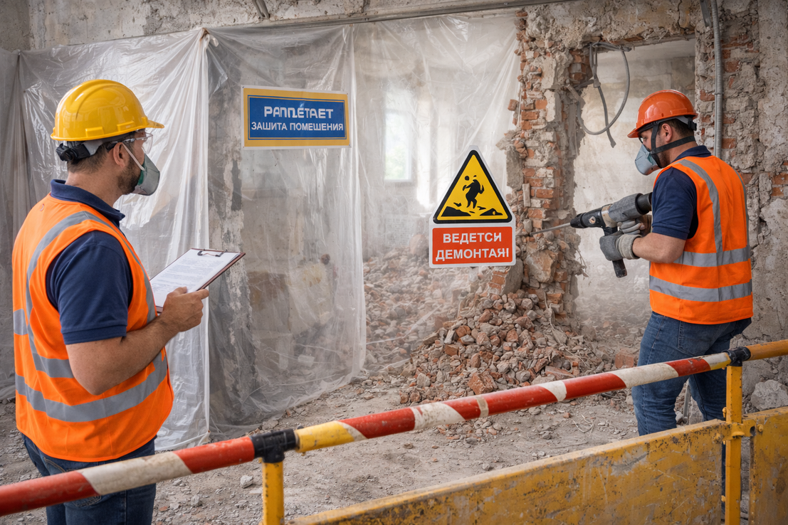 Команда выполняет безопасный демонтаж с защитой