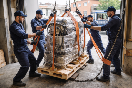 Профессиональные грузчики с такелажным оборудованием