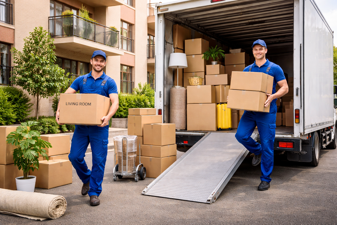 Грузчики переносят коробки при переезде