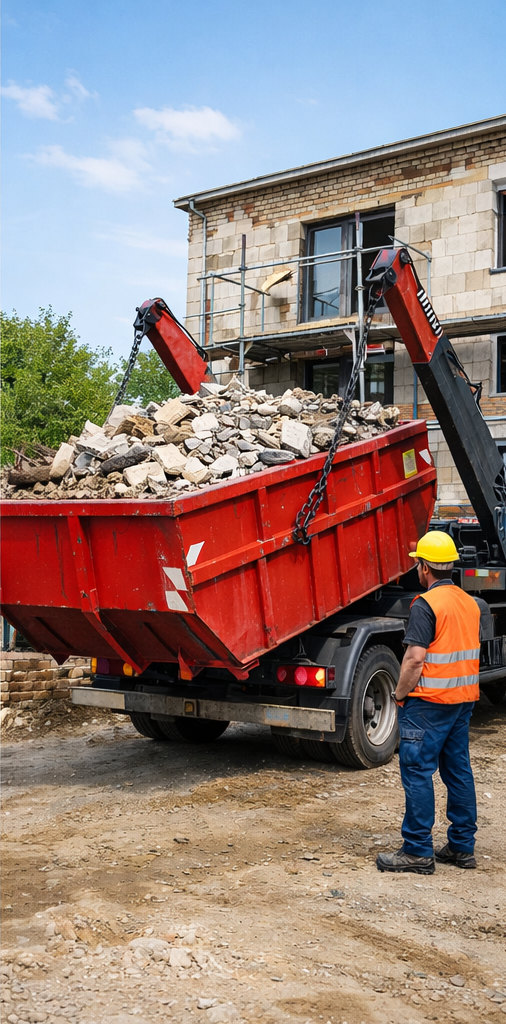 Загрузка контейнера на эвакуатор для вывоза на полигон